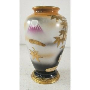 Vintage Mid Century Japanese Porcelain Vase Mt Fuji Bamboo Flowers Decoration